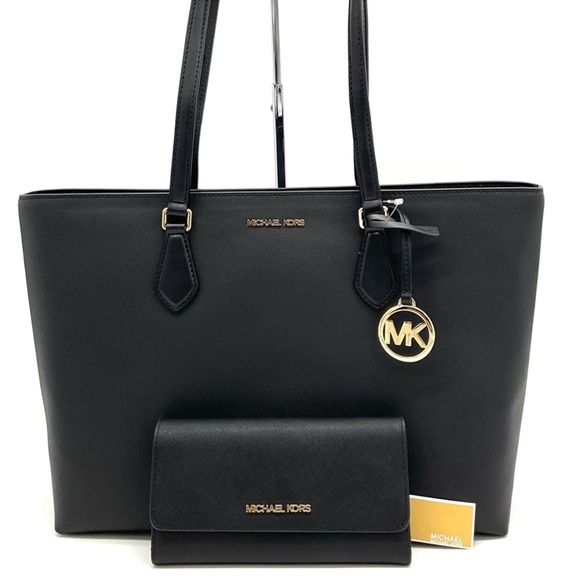 Michael Kors Bag Large Sheila Mf Tote Bag & Large Trifold Wallet Black/Gold - Picture 1 of 14